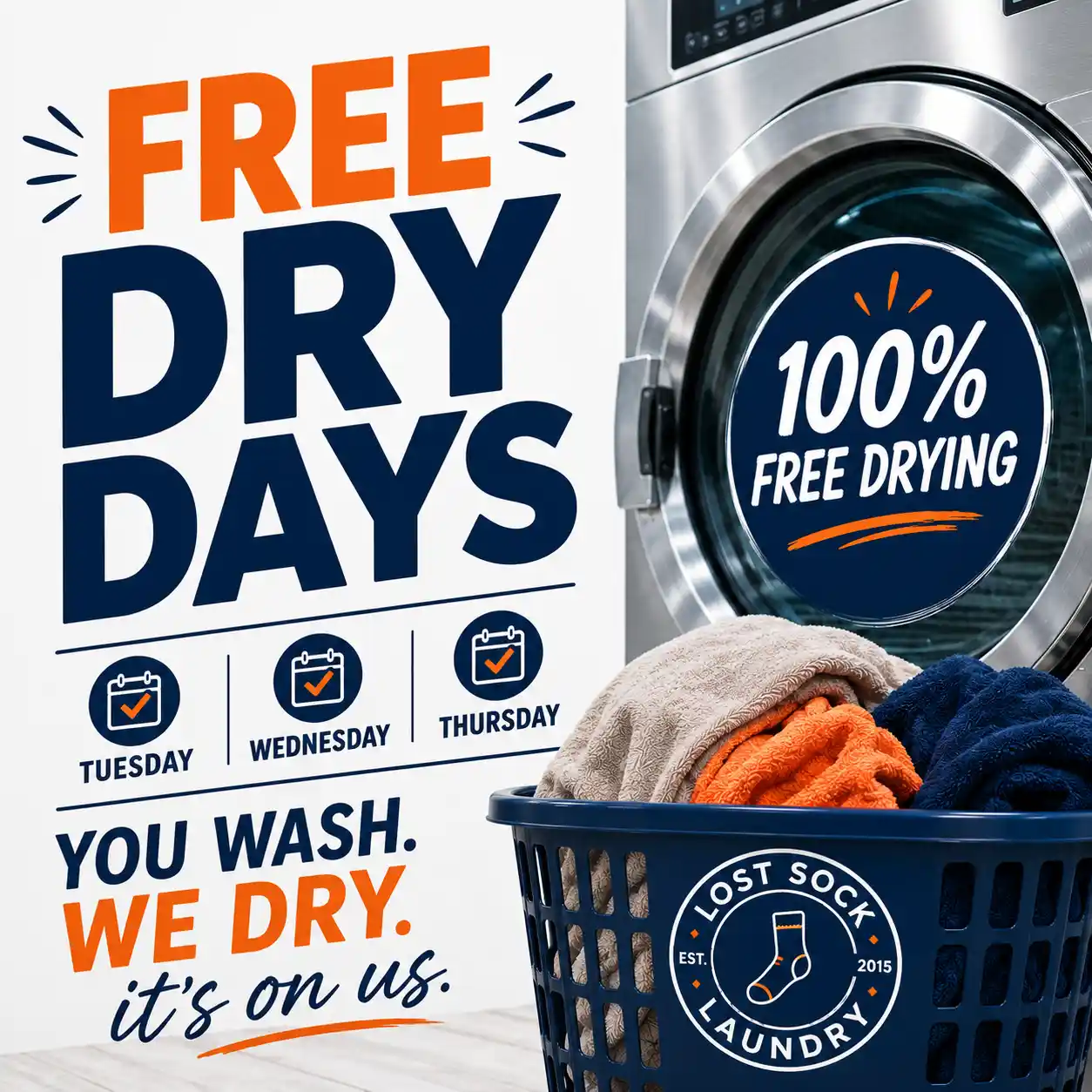 Free Dry Days at Lost Sock Laundry every Tuesday Wednesday and Thursday for laundromat customers in West Valley City and Magna