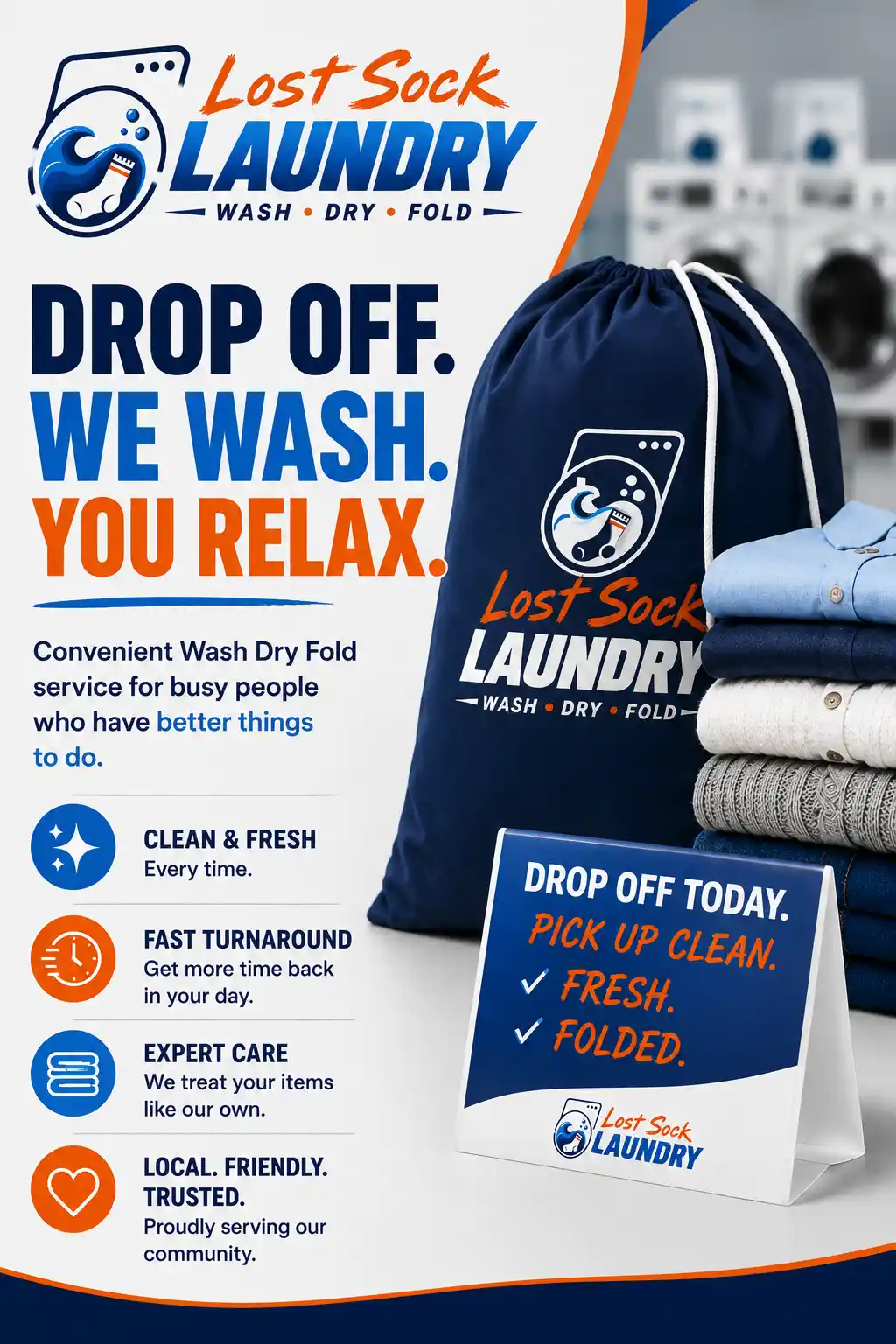 Lost Sock Laundry Wash Dry Fold service graphic showing convenient drop off laundry service with clean folded clothes, branded laundry bag, and messaging promoting fast professional laundry service.