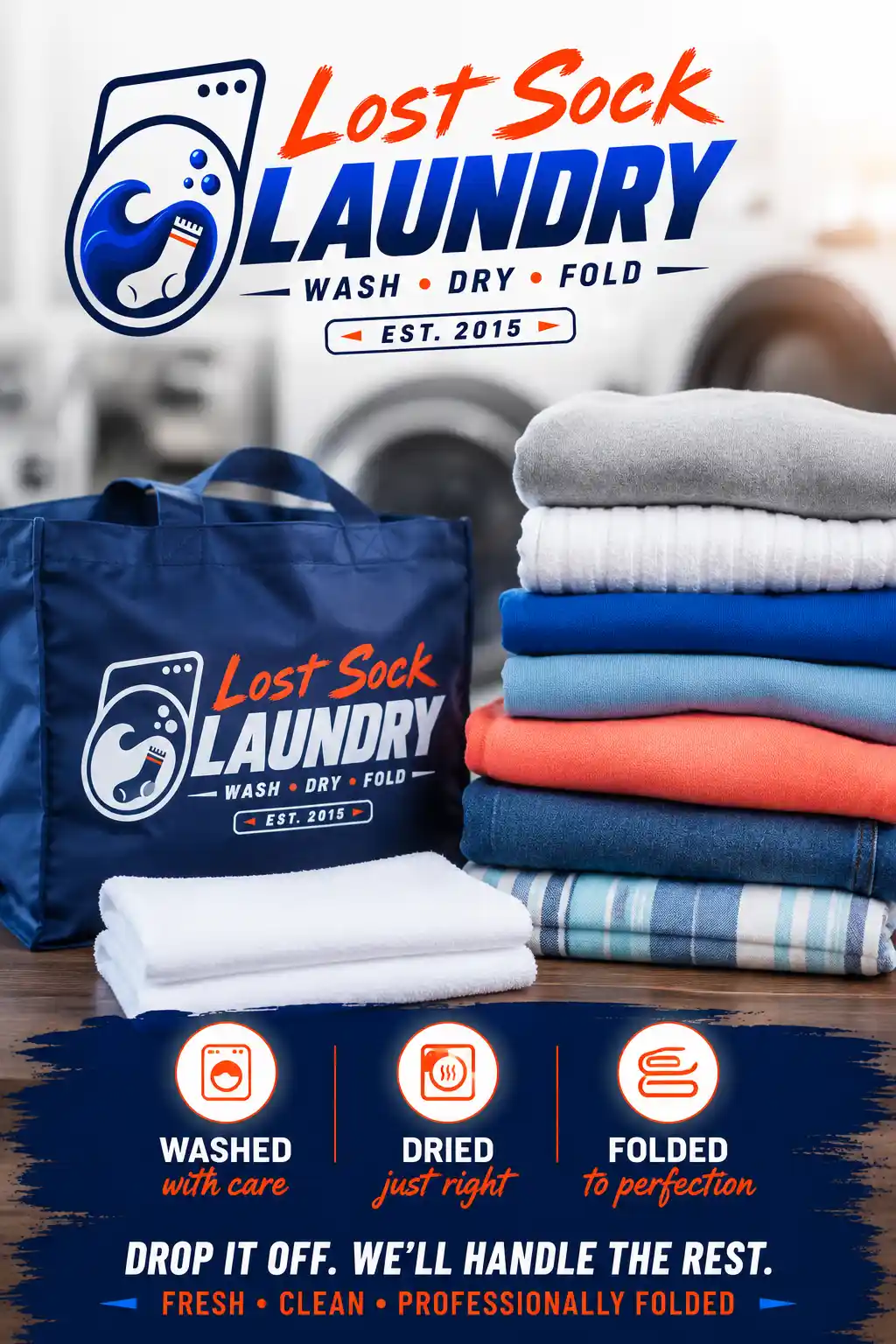 Professionally folded laundry and Wash Dry Fold drop-off service at Lost Sock Laundry serving West Valley City and Magna, Utah.